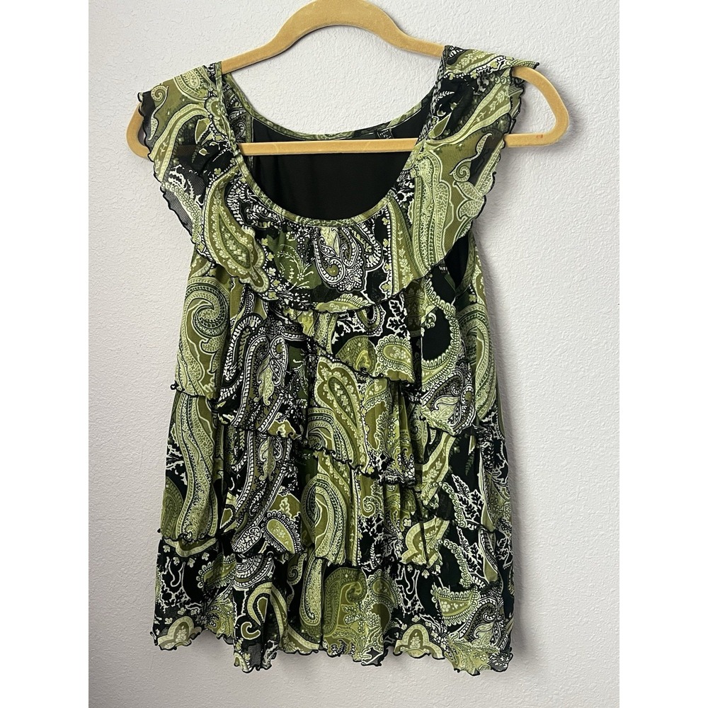 Apt. 9 Green Black Paisley Ruffle Sleeveless Top Blouse Size Petite Large